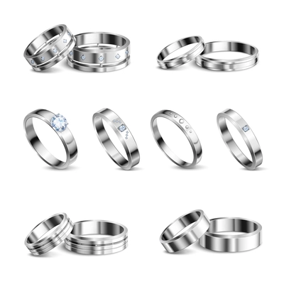 White gold platina noble metals wedding rings 6 realistic isolated sets jewelry shadow neutral background vector illustration