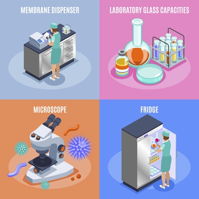 Four square isometric microbiology icon set with membrane dispenser laboratory glass capacities microscope and fridge descriptions vector illustration