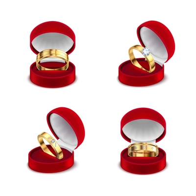 Wedding engagement gold rings in opened red jewelry box case 4 realistic sets white background vector illustration