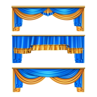 Full volume golden blue luxury draping curtains set 3 realistic home window decorations ideas isolated vector illustration