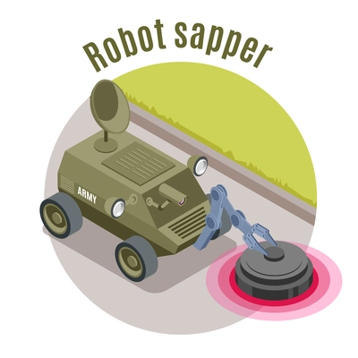 Military robots isometric emblem with robot sapper headline and green military machine vector illustration