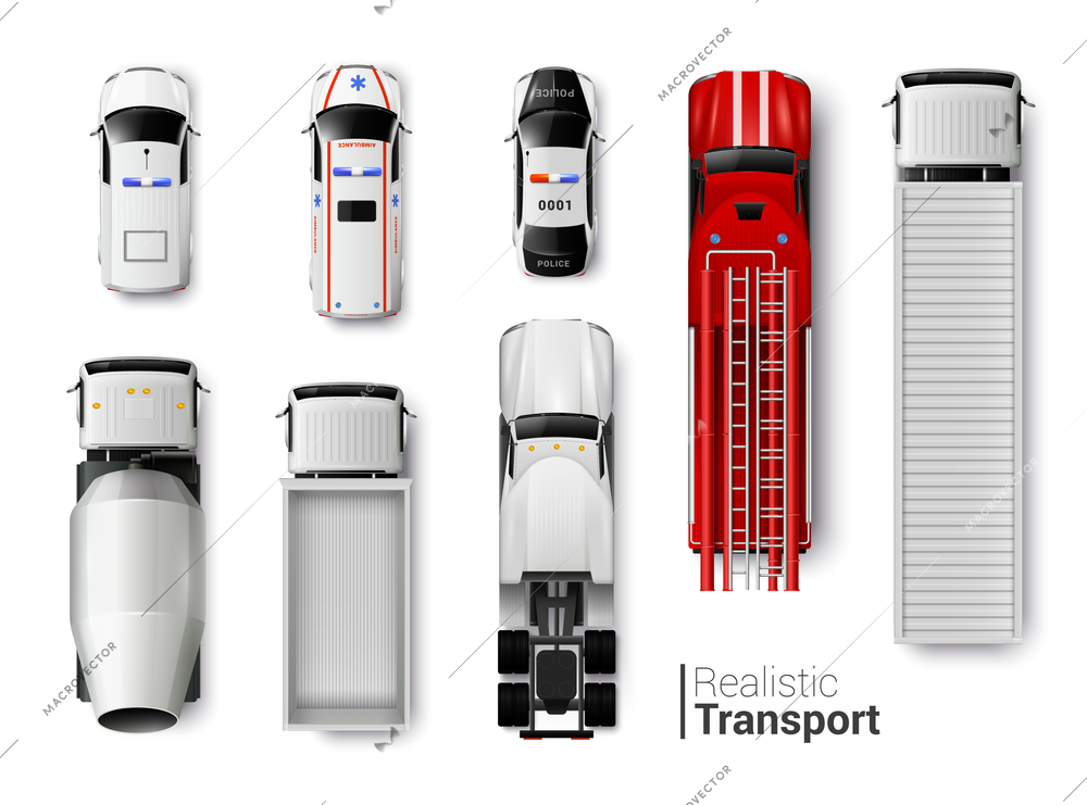 Special vehicles top view realistic set isolated vector illustration