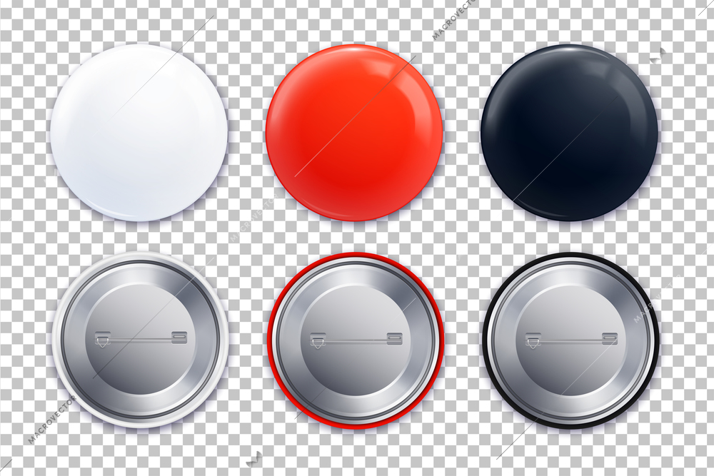 Three different mockup badge transparent icon set in realistic style and red white black colors vector illustration