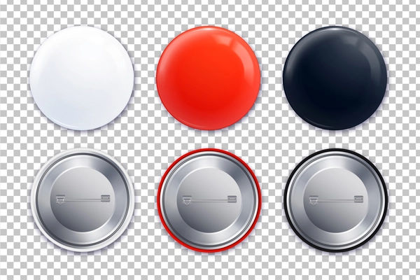 Three different mockup badge transparent icon set in realistic style and red white black colors vector illustration