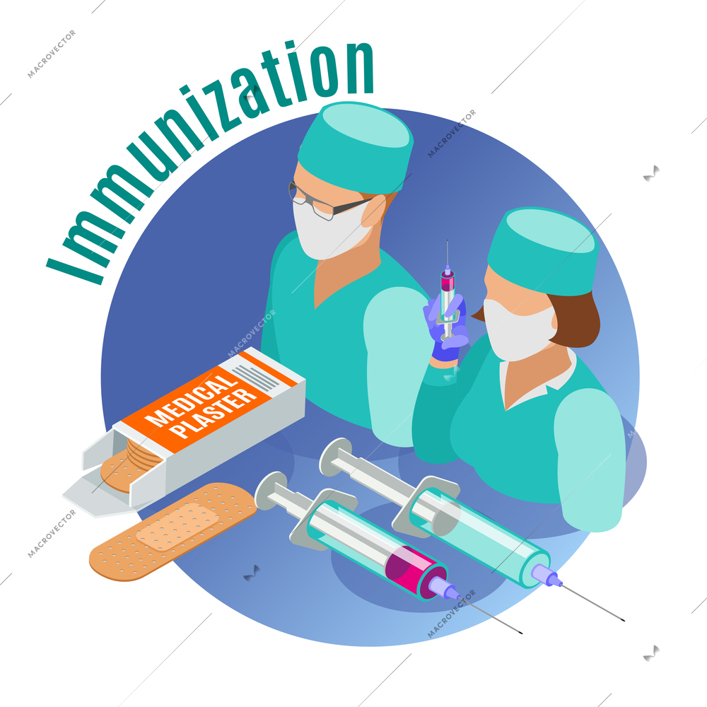 Vaccination isometric round emblem with medical tools two doctors and immunization description vector illustration