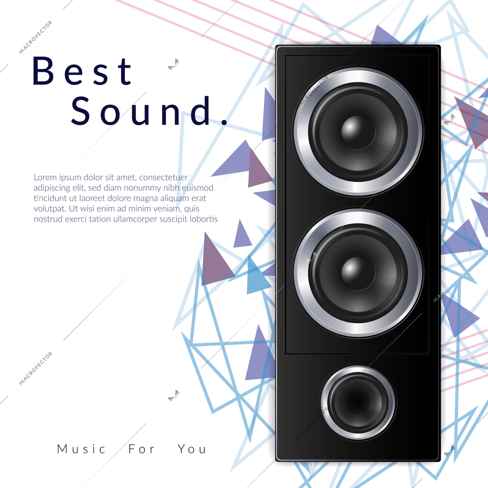 Realistic audio system composition with best sound headline and big black speaker vector illustration