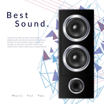 Realistic audio system composition with best sound headline and big black speaker vector illustration