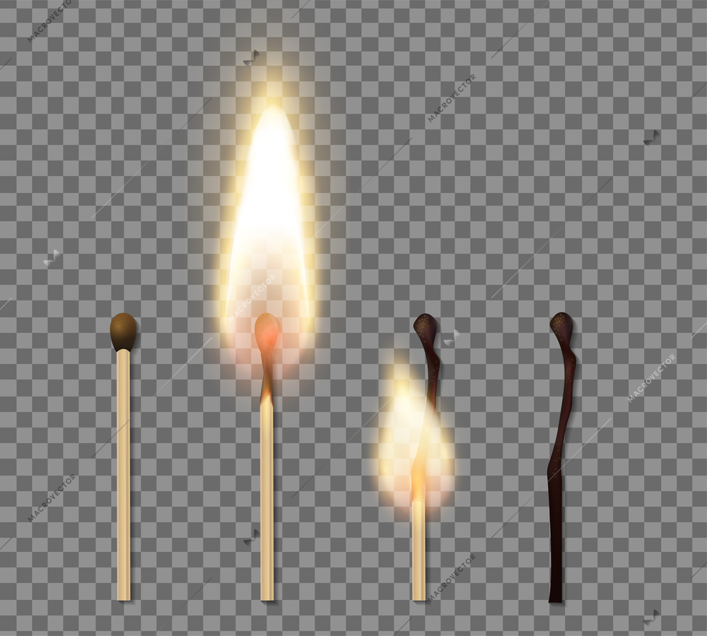 Realistic match stick flame icon set with four steps of burning match vector illustration