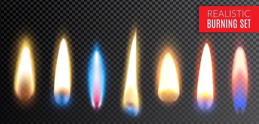 Colored isolated realistic burning transparent icon set with different colors and shapes of flame vector illustration