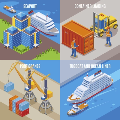 Four seaport isometric icon set with container loading port cranes tugboat and ocean liner descriptions vector illustration