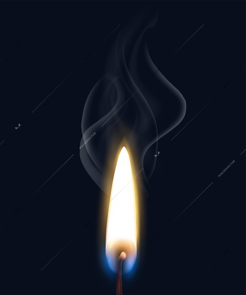 Colored isolated realistic burning flame smoke composition with realistic match flame on black background vector illustration