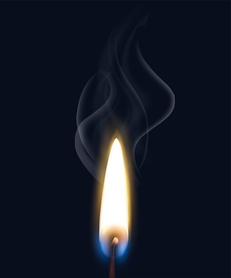 Colored isolated realistic burning flame smoke composition with realistic match flame on black background vector illustration