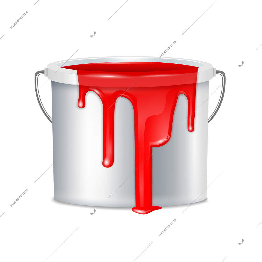 Realistic paint bucket composition metallic with white plastic bucket lid and red paint vector illustration