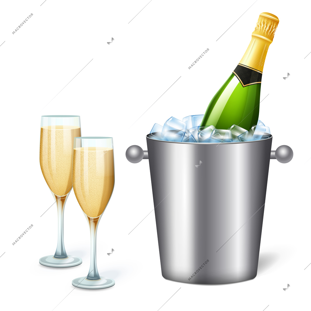 Colored realistic champagne bucket composition with cold champagne and two full glasses vector illustration