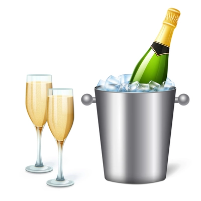 Colored realistic champagne bucket composition with cold champagne and two full glasses vector illustration