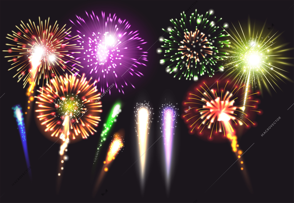 Realistic fireworks icon set in different sizes shapes and colors illuminated and bright vector illustration