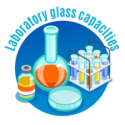 Microbiology isometric round composition with laboratory glass capacities headline and different grass elements vector illustration