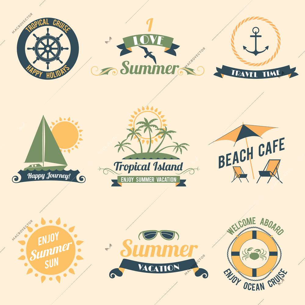 Summer sea retro vacation tropical cruise happy holidays labels set isolated vector illustration.