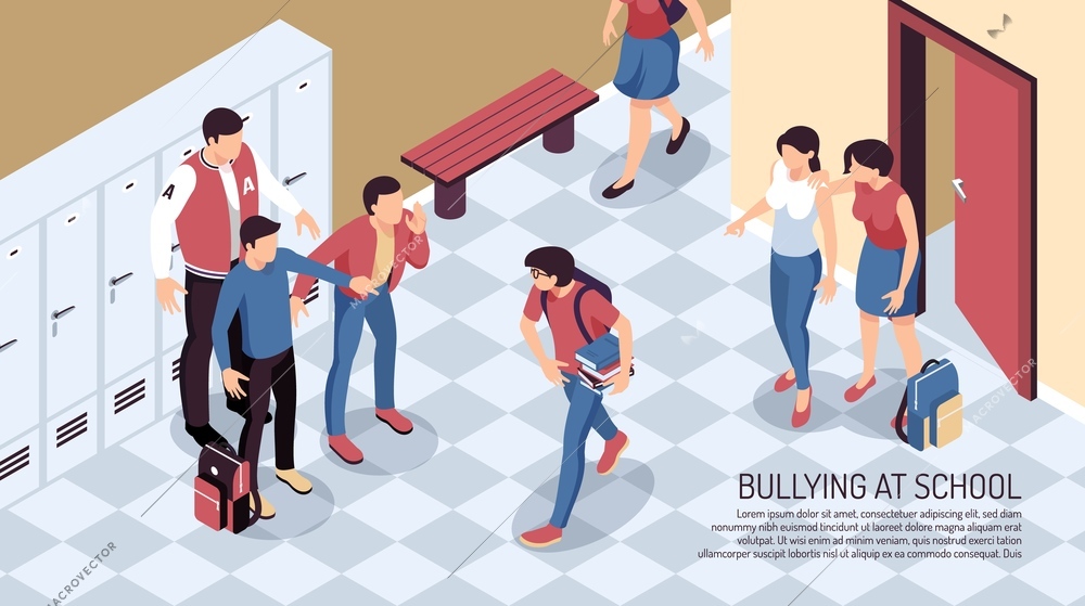 Isometric teenager horizontal composition with view of school passage with teenage human characters and editable text vector illustration