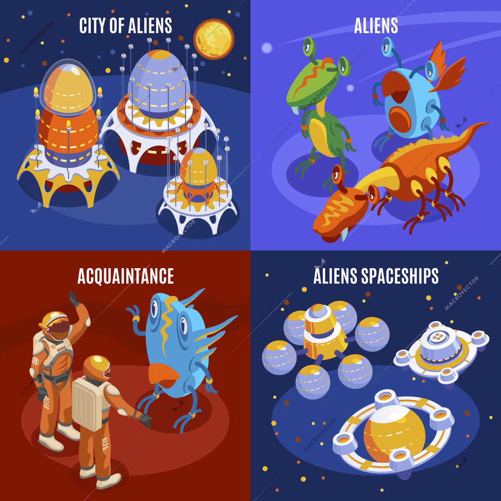 Four aliens isometric composition with city of aliens acquaintance and spaceships descriptions vector illustration