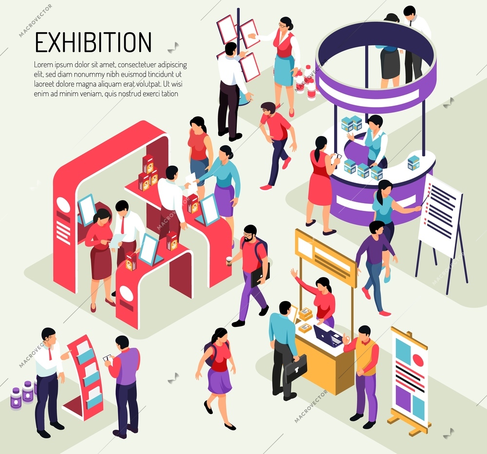 Isometric expo exhibition composition background with editable text description and colourful exhibit stands crowded with people vector illustration