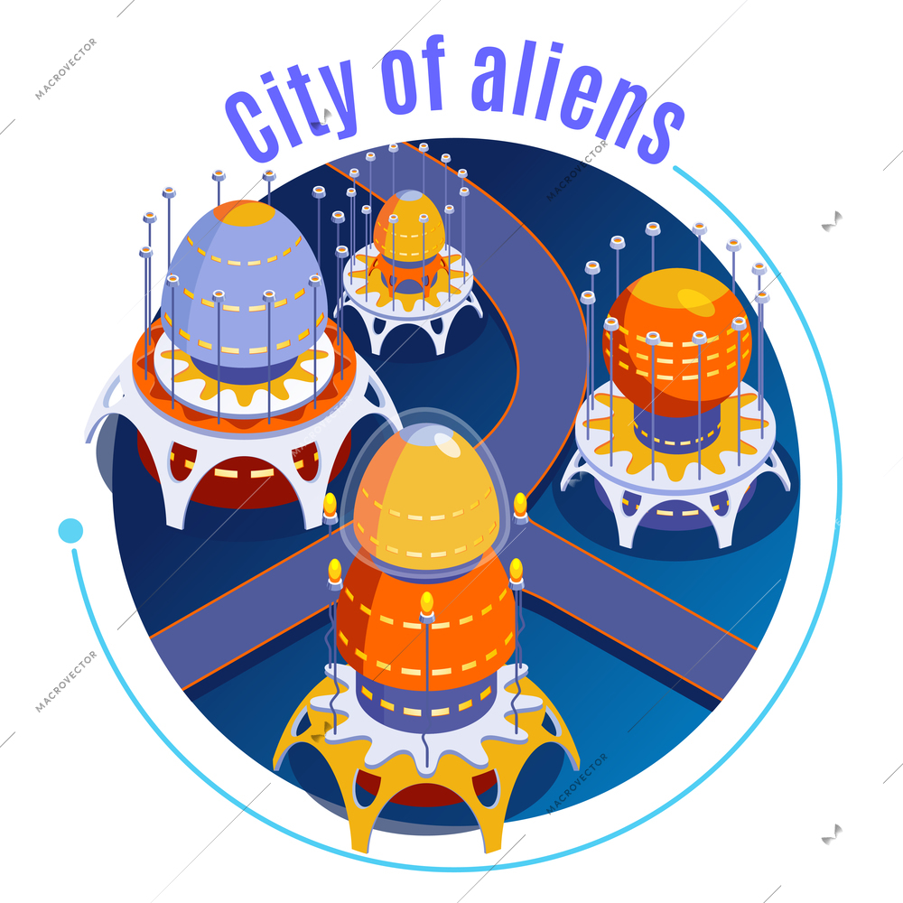 Round isometric aliens composition with city of aliens descriptions and different strange unusual buildings vector illustration