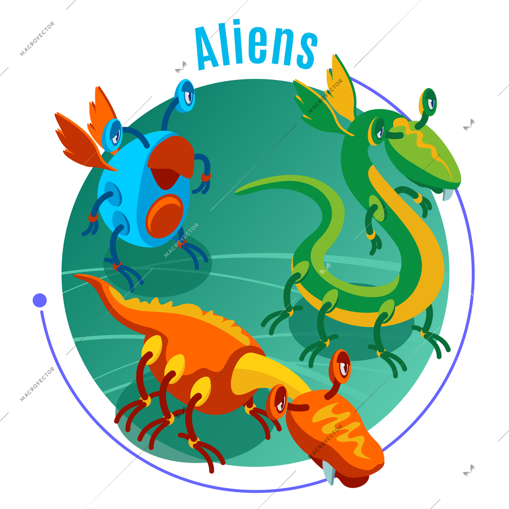 Colored isometric aliens background with blue headline and three different monsters on green round background vector illustration