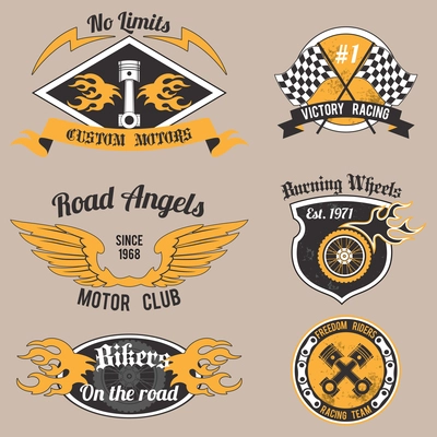 Motorcycle grunge no limits custom motors design badges set isolated vector illustration.