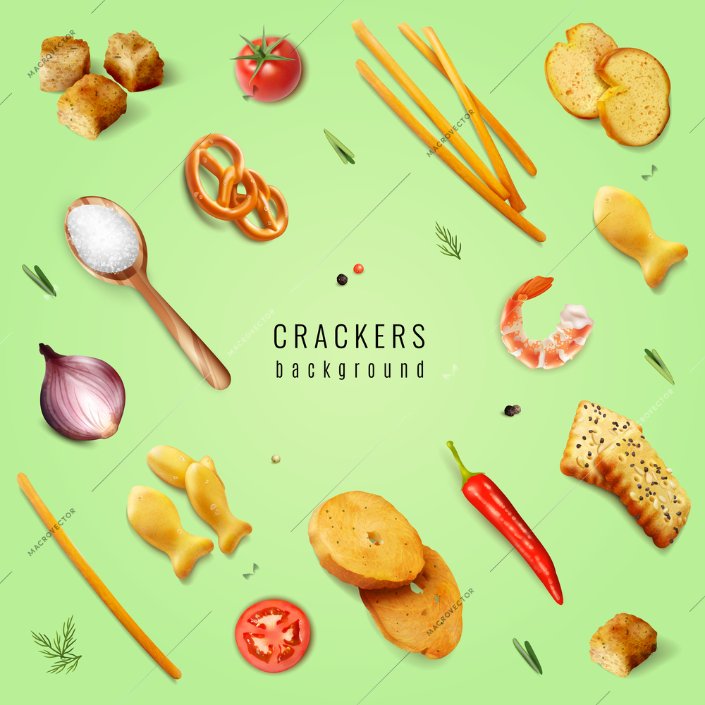 Crackers and snacks with different forms and flavoring additives on green background realistic vector illustration