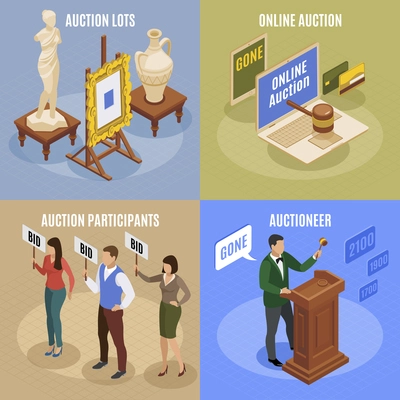 Four auction isometric concept set with auction lots participant and auctioneer descriptions vector illustration