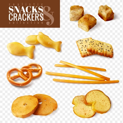 Crackers and snacks of different shapes on transparent background isolated icons set realistic vector illustration