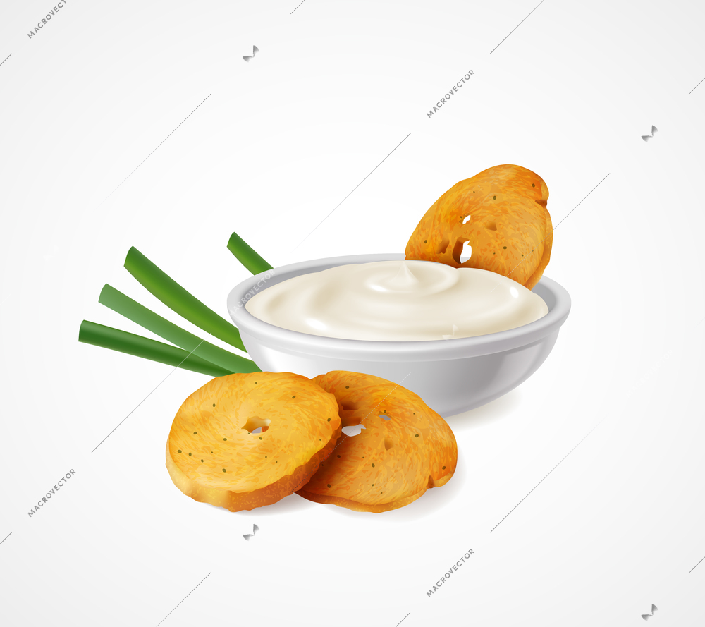 Realistic composition with green onion and bowl of sour cream as flavoring additives for snacks vector illustration