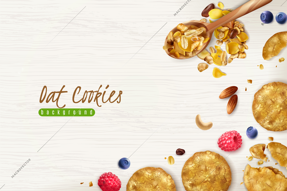 Oatmeal cookies realistic background with scattered oat flakes grains and fresh berries vector illustration