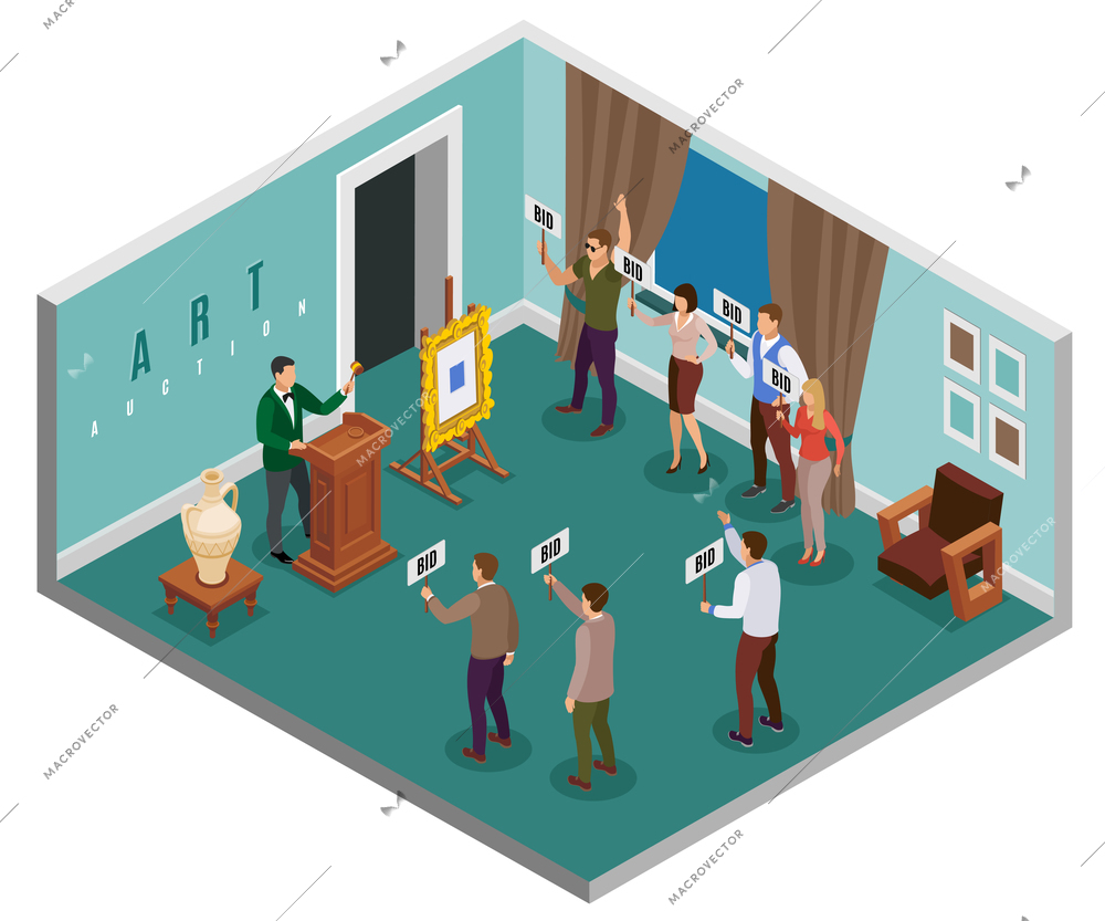 Auction isometric concept with hall in the building and people with tablets vector illustration