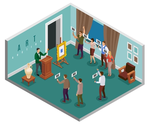 Auction isometric concept with hall in the building and people with tablets vector illustration