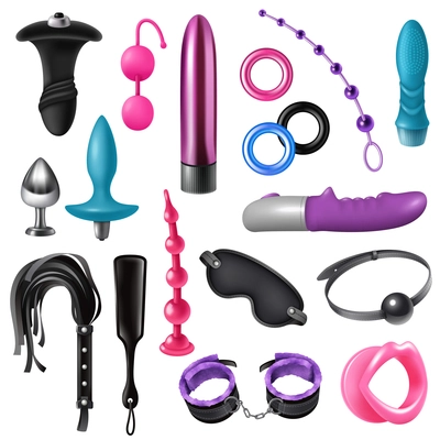 Sex toys realistic set of dildos butt plug mask bracelet lash isolated accessories  vector illustration