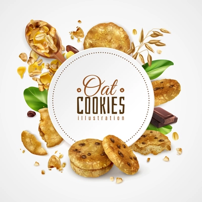 Oat cookies frame illustration decorated green mint leaves and slice of chocolate realistic vector illustration