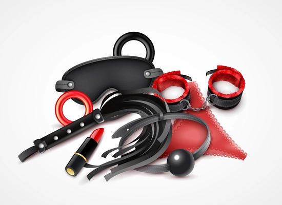 Woman sex toys realistic design concept in red and black colors with lipstick handcuff and lash vector illustration