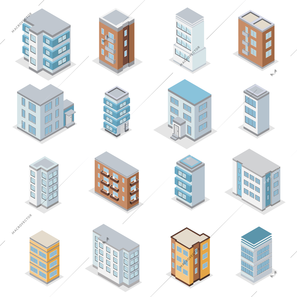 Townhouse building icons set with city landscape isometric isolated vector illustration