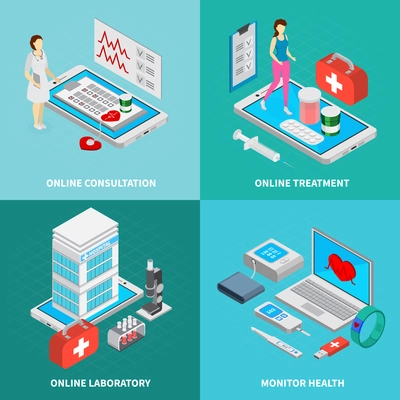 Mobile medicine concept isometric icons set with online treatment symbols isolated vector illustration