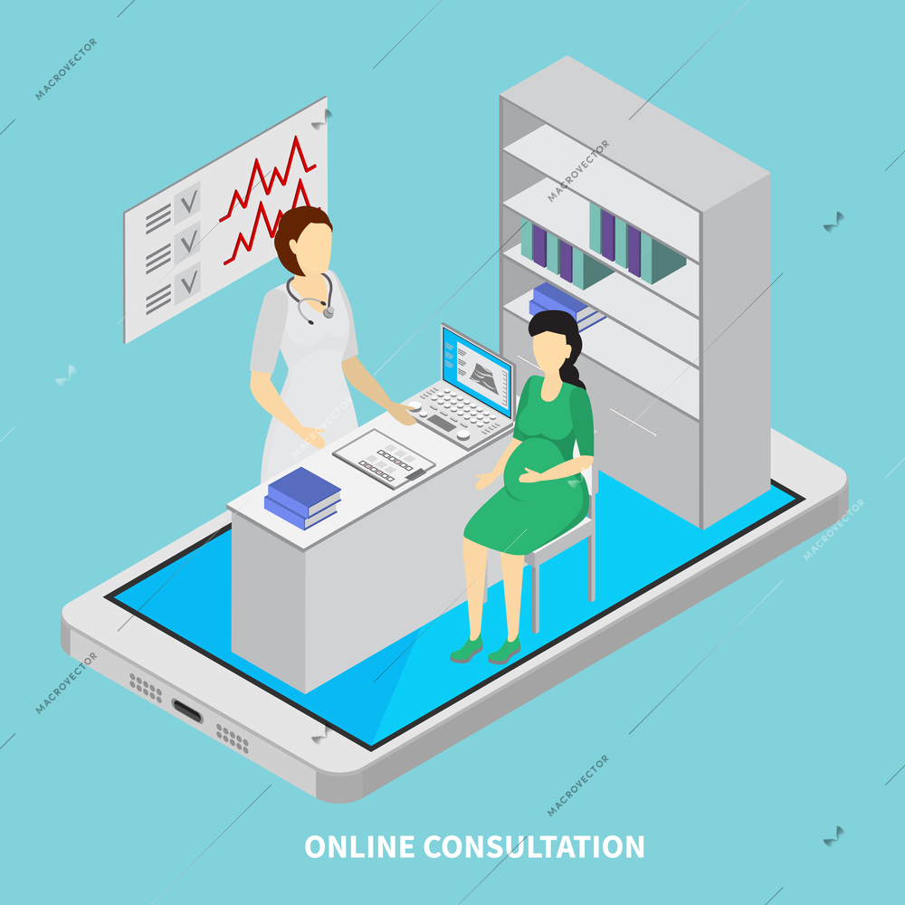 Mobile medicine concept with online consultation  symbols isometric vector illustration