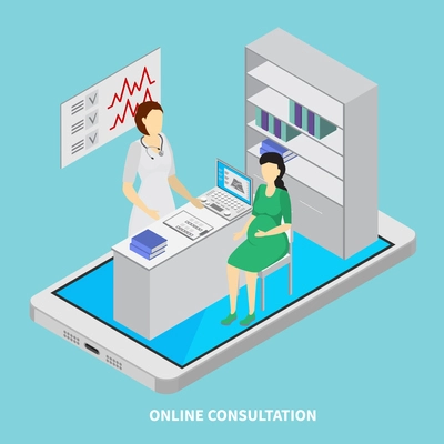 Mobile medicine concept with online consultation  symbols isometric vector illustration