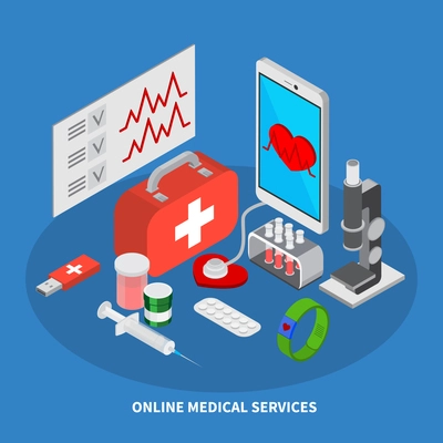 Mobile medicine isometric concept with medical equipment symbols  vector illustration