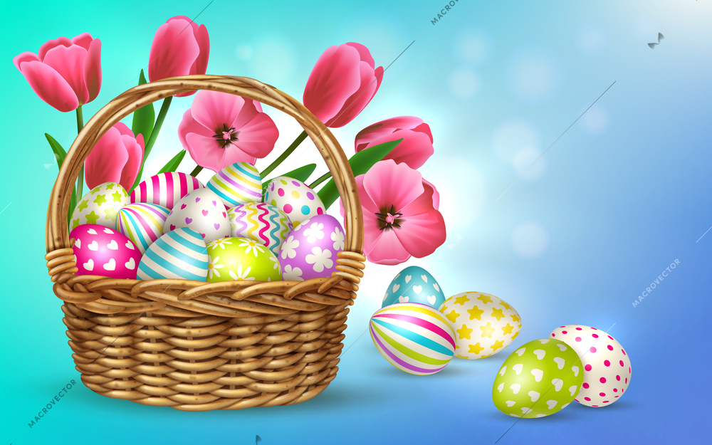 Easter composition with blurry background and images of basket filled with flowers and festive easter eggs vector illustration