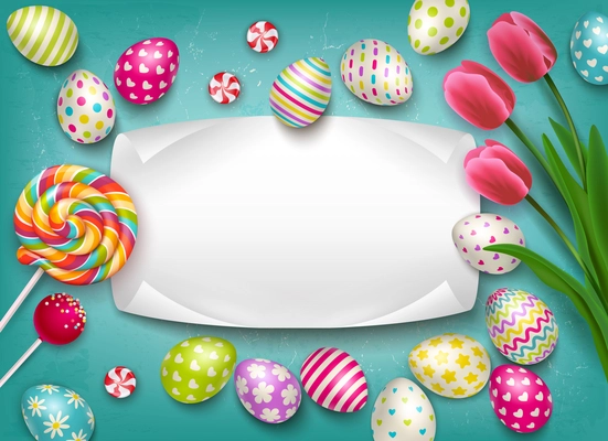 Easter composition with images of colored festive eggs lollipop sweets and flowers with empty text frame vector illustration