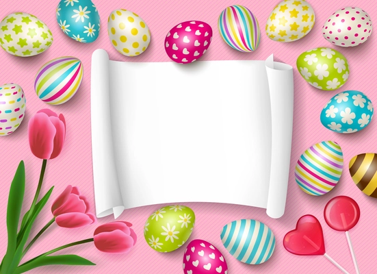 Easter composition with empty paper frame for congratulation text and images of eggs sweets and flowers vector illustration