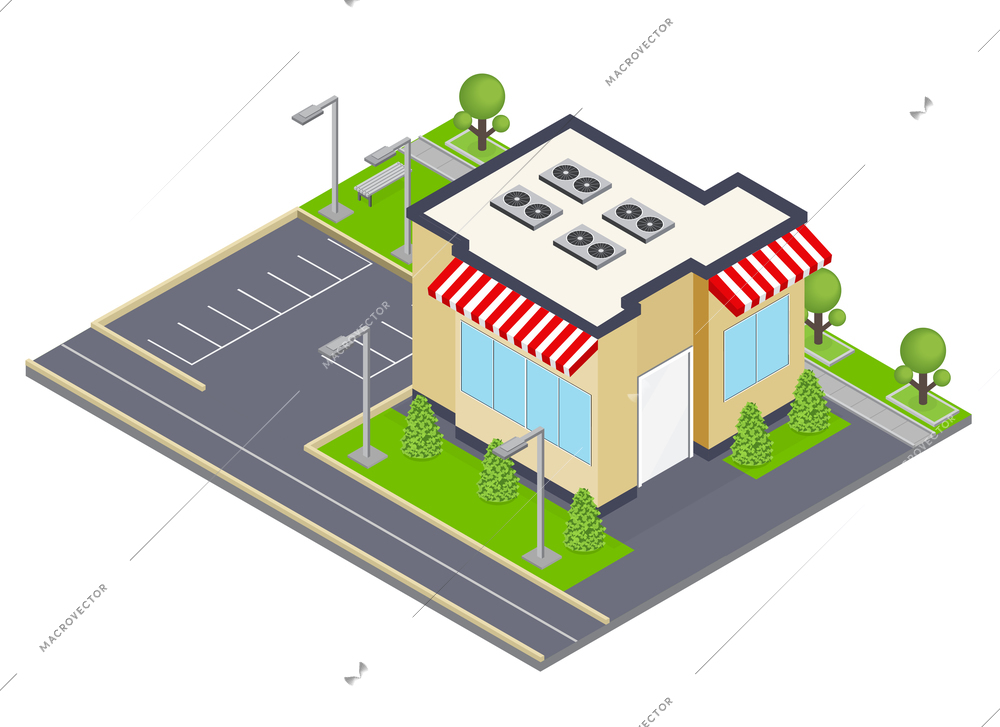 Commercial building isometric concept with windows and parking symbols  vector illustration