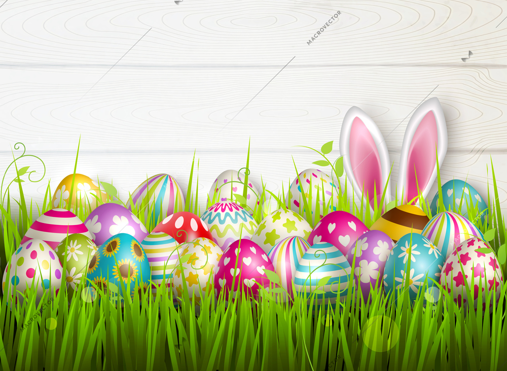 Easter composition with colourful images of festive easter eggs on green grass surface with bunny ears vector illustration