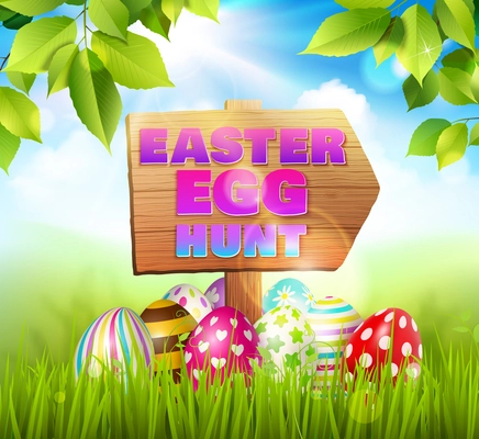 Easter background composition with easter eggs laying on green grass and wooden road sign with text vector illustration