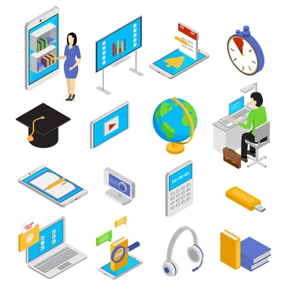 Online education icons set with knowledge symbols isometric isolated vector illustration